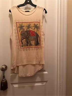 The Classic Cream Elephant Palm Graphic Muscle Tee with Red & Blue Accents